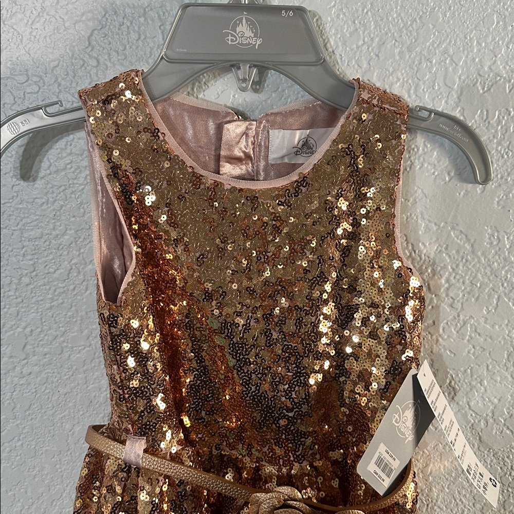 DISNEY Belle Sequin Gold Rose Gold Sleeveless Party A-Line Girl's Dress 5/6 NWT - Picture 2 of 6